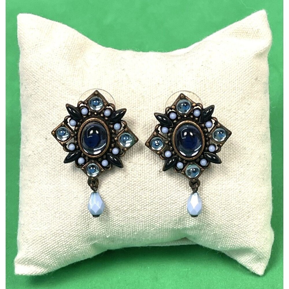 VTG 2000 AVON SP 1.5" Coppertone & Blue Stone Diamond-Shaped Pierced EARRINGS